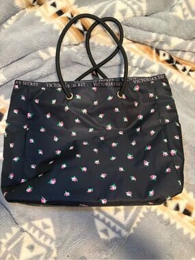 Victoria's Secret Black Tote with Pink Rose Print